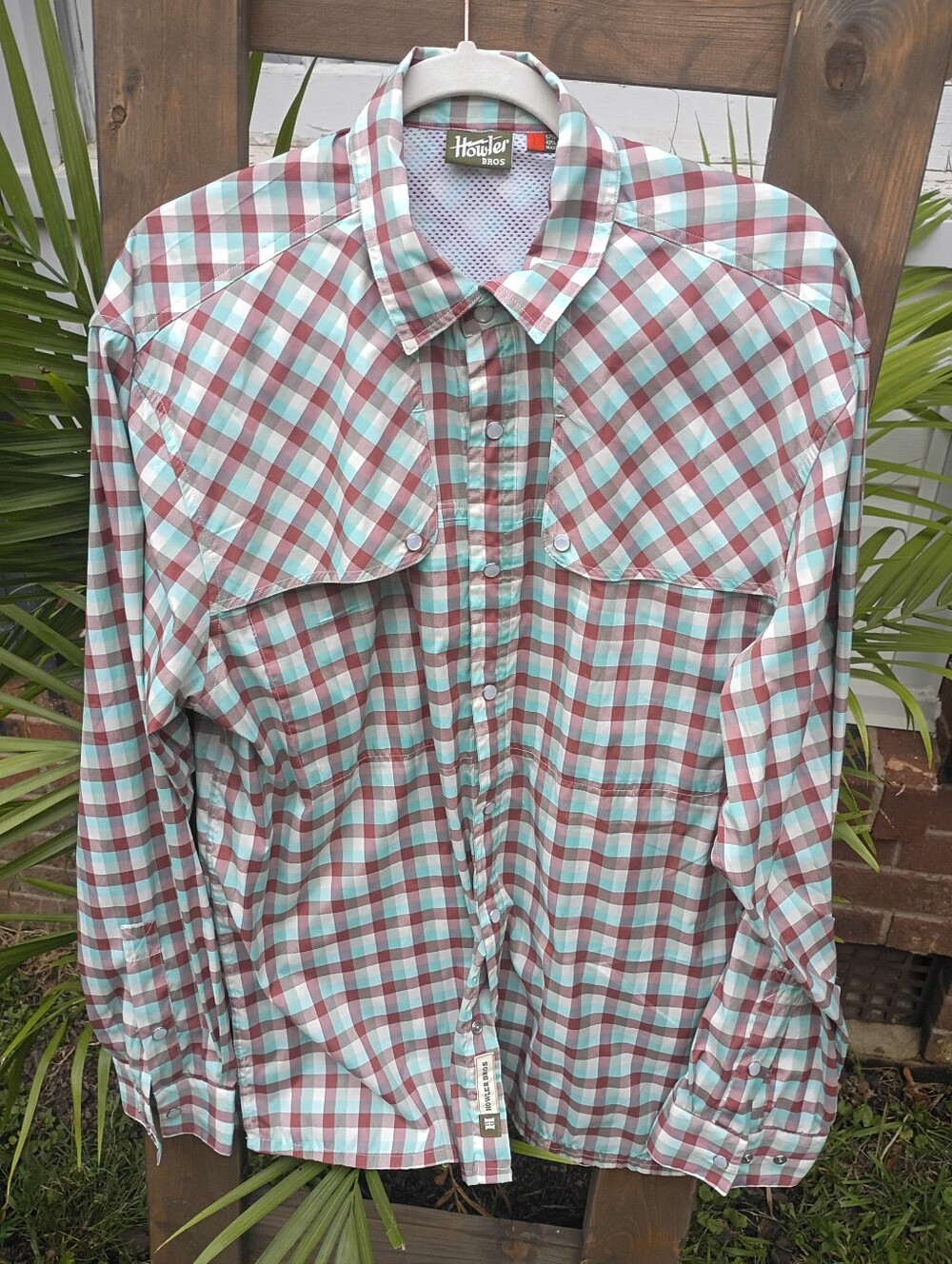 Howler Brothers Mint Green and Brown Plaid Button-Down Shirt Pearl Snaps Nwot